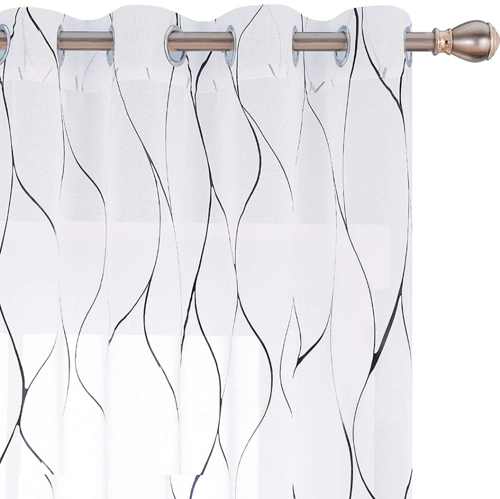 Deconovo Black Foil Printed, Wave Pattern, Sheer Curtains Grommet Top,